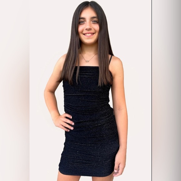 Pixie Lane Black Girls Glitter Strappy Ruched Dress - Picture 1 of 3